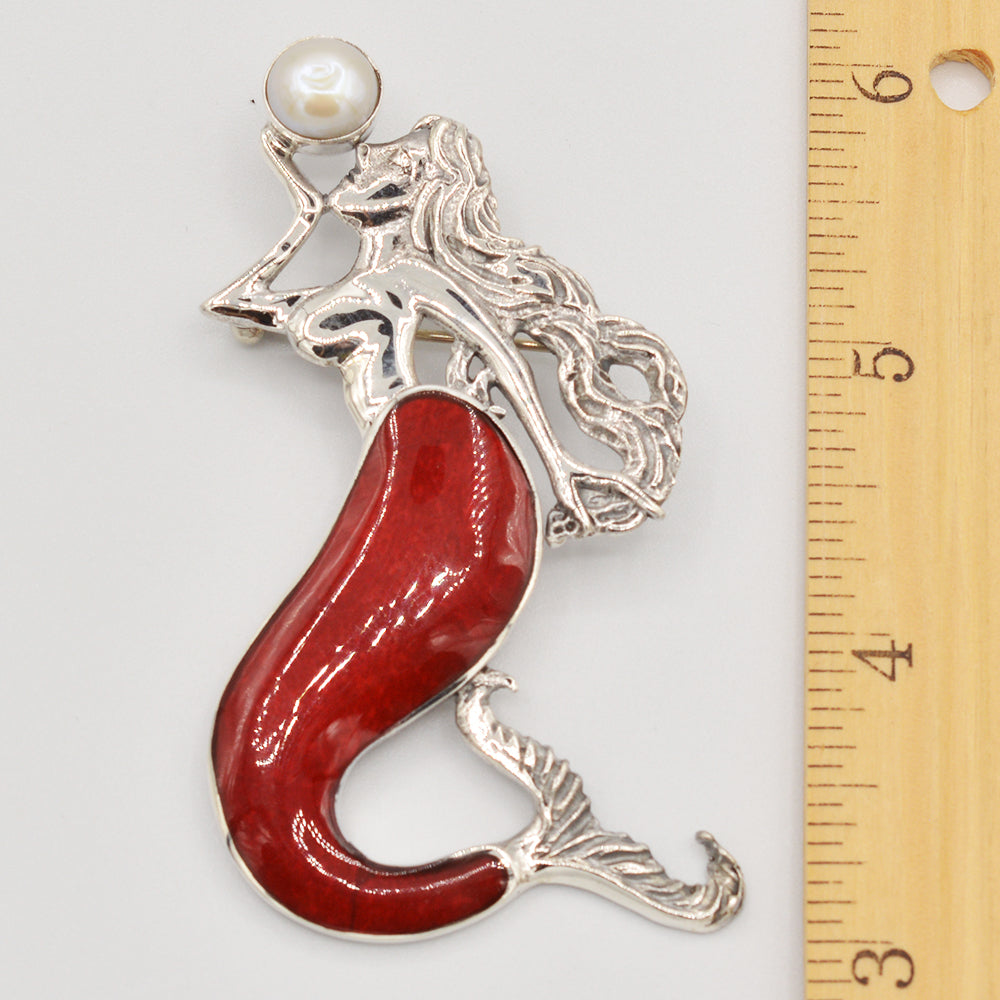 Mermaid Pendant/Brooch-Sterling Silver with Abalone, Mother of Pearl or Red Coral