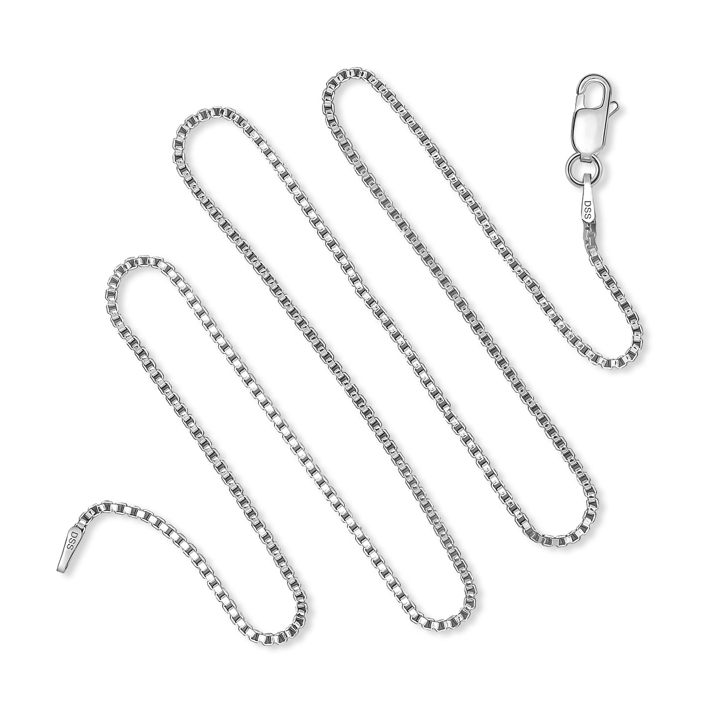 925 Sterling Silver 1.5 MM Box Chain Italian - Rhodium Plated - Lobster Claw 16 - 36 Inch. anti-tarnish. 16", 18", 20", 22", 24" 30", 36". Great for pendants, does not tarnish.