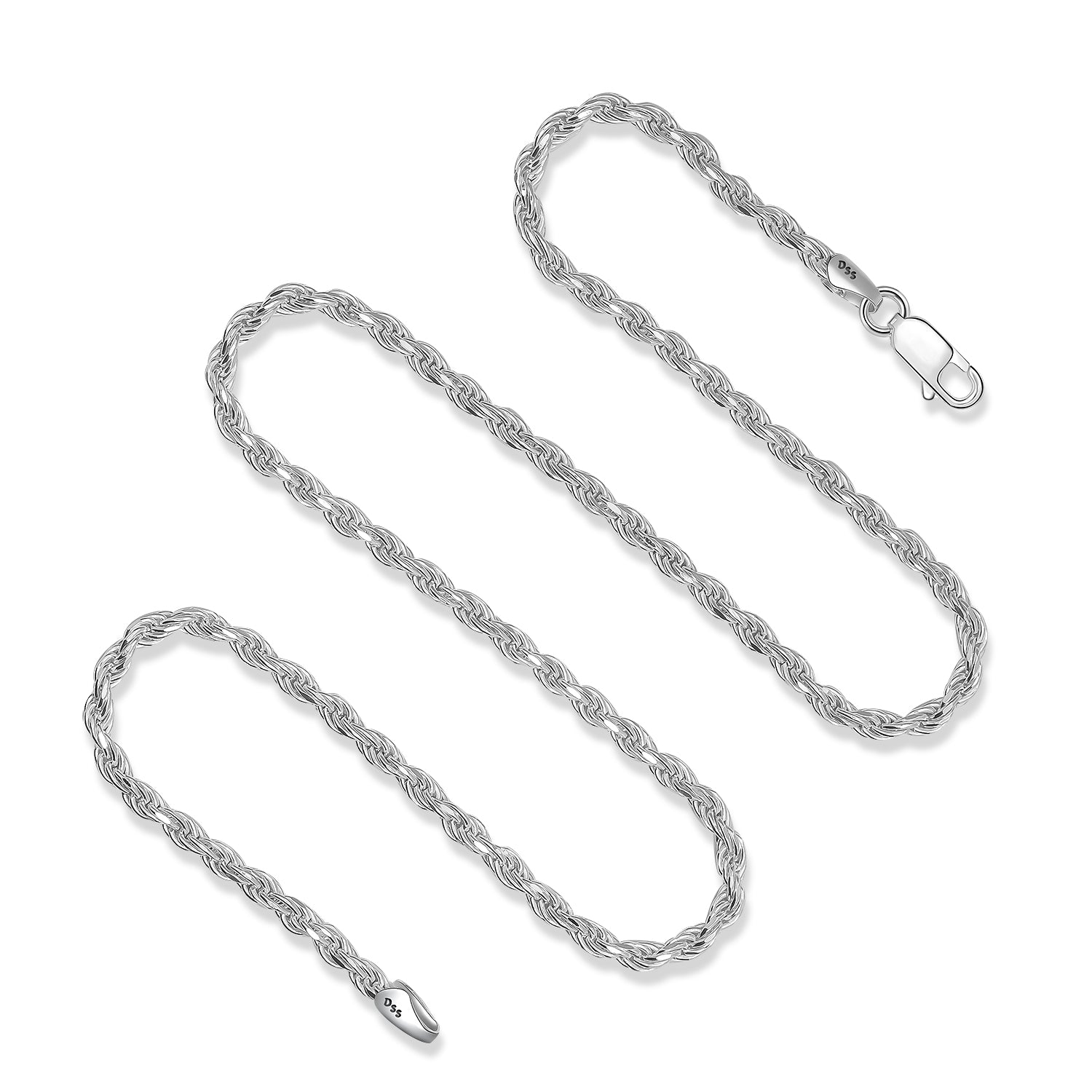 925 Sterling Silver 3MM Rope Chain - Nickel Free Italian Crafted Necklace for Women and Men 16 - 36"