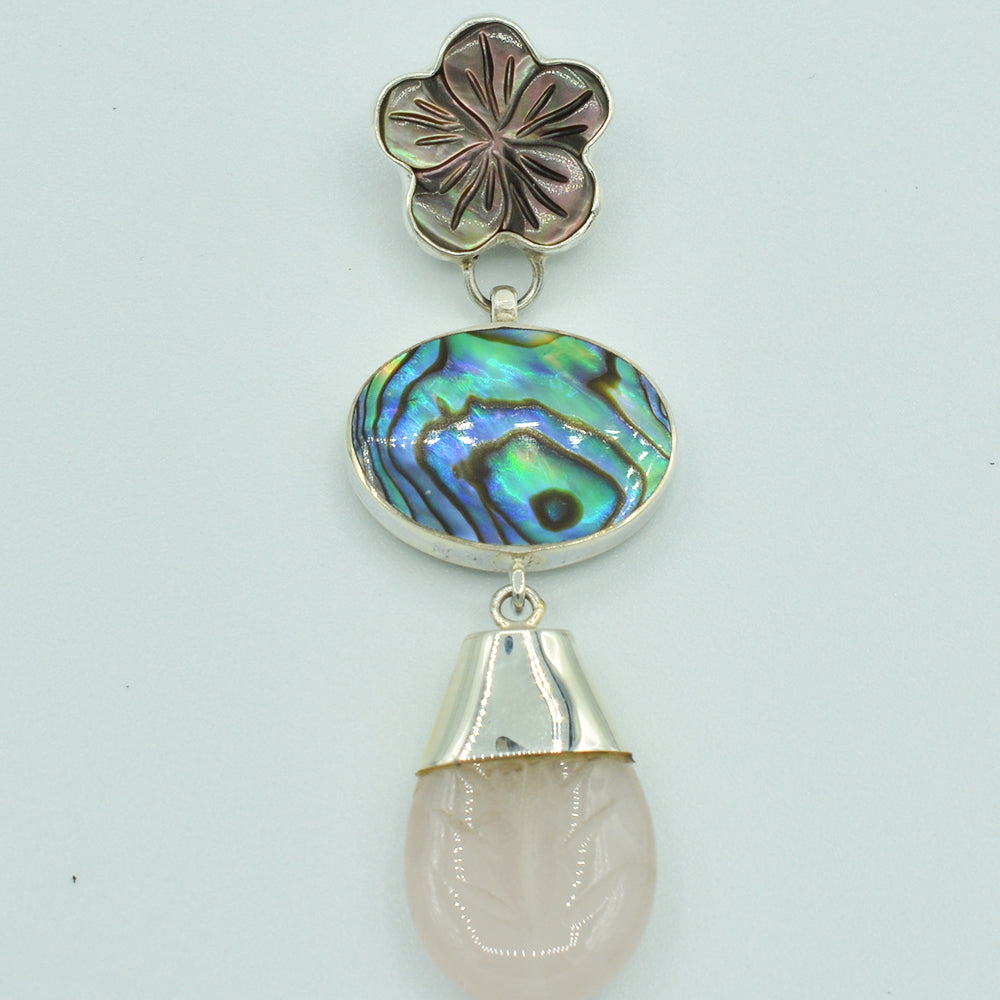 Abalone, Mother of Pearl and Rose Quartz Pendant, rose quartz is tear drop shape. Mother of Pearl is in a flower shape, abalone, round shape