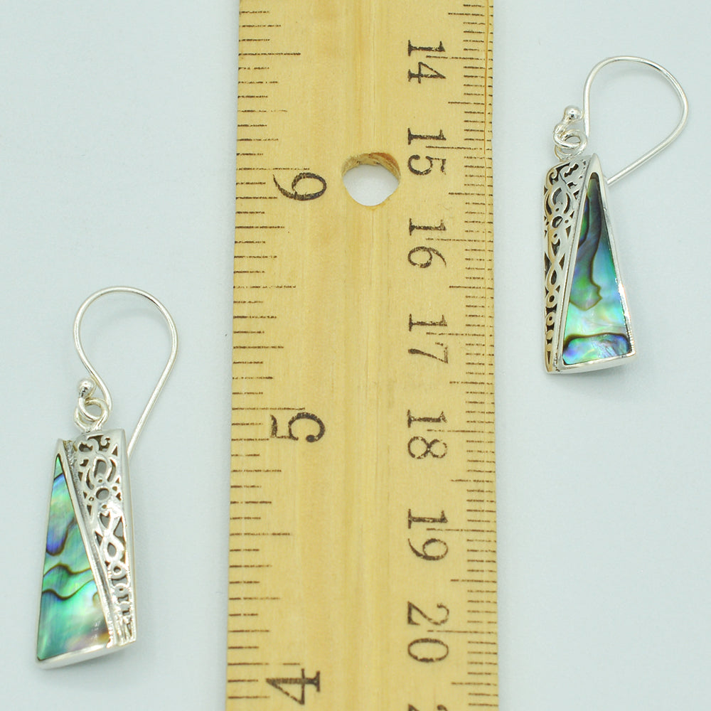 Abalone Sterling Silver pierced fish hook Earrings. Rectangle geometric shape. Natural genuine abalone, vibrate green and blue. 11/4" long