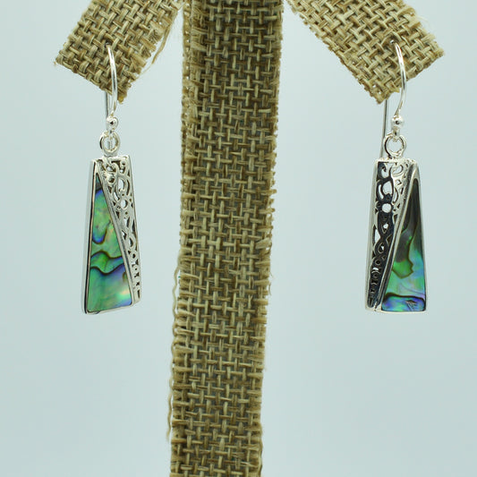 Abalone Sterling Silver pierced fish hook Earrings. Rectangle geometric shape. Natural genuine abalone, vibrate green and blue. 11/4" long