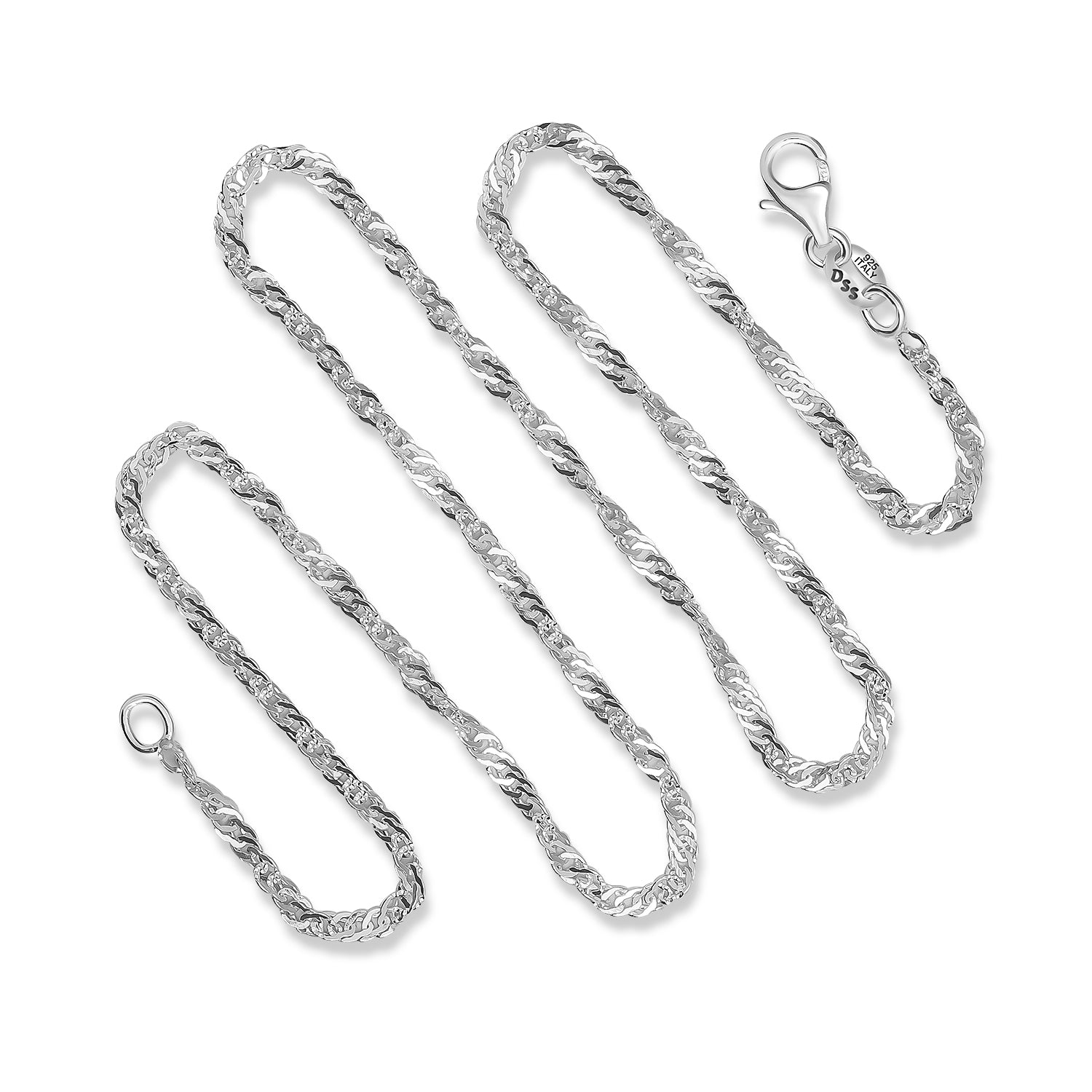 2MM Sterling Silver Singapore Chain with Lobster Claw Clasp.16", 18", 20", 22", 24",30",