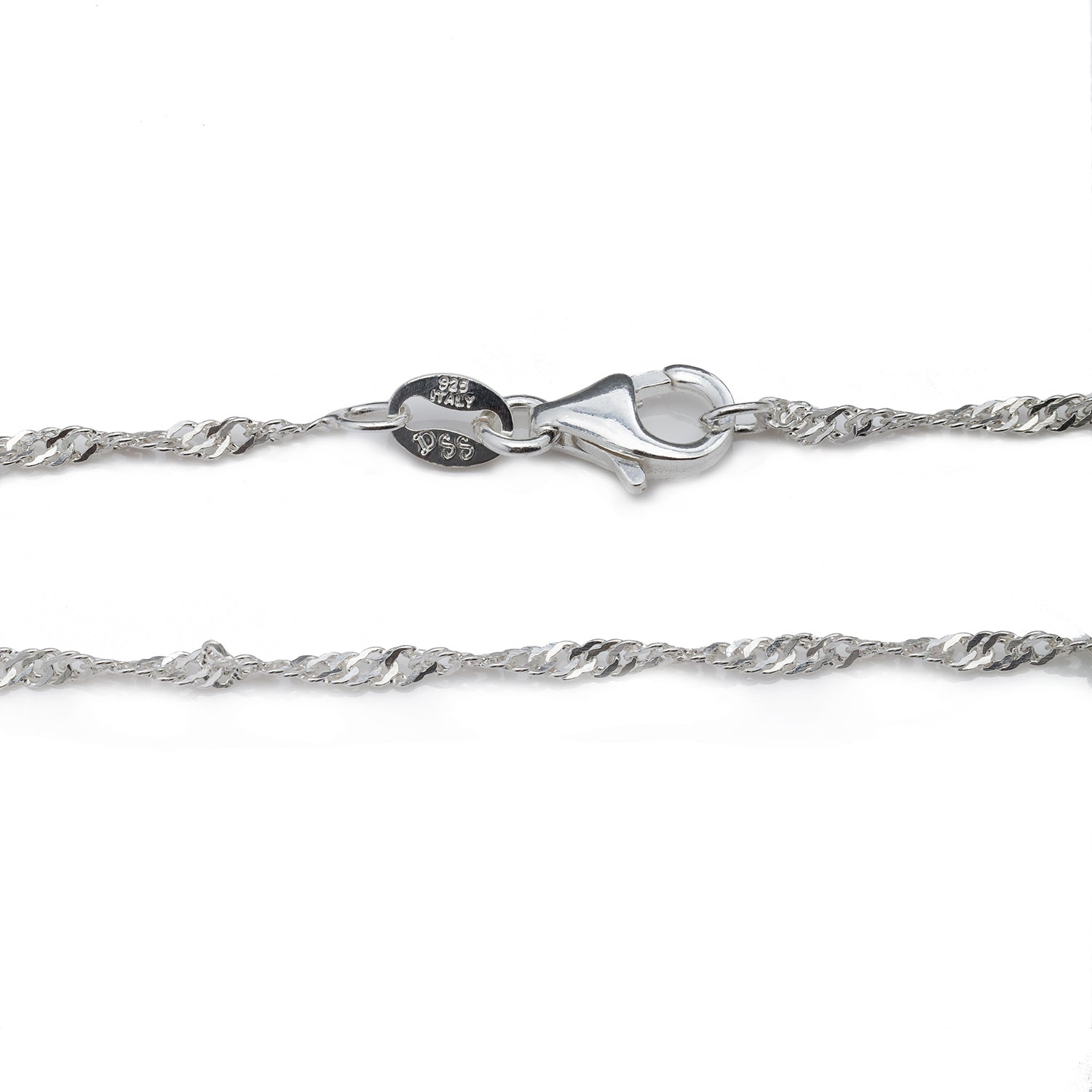 1.2MM Sterling Silver Singapore Chain with Lobster Claw Clasp. This picture shows the clasp and our logo. This chain is very shiny and is perfect with or without a pendant.