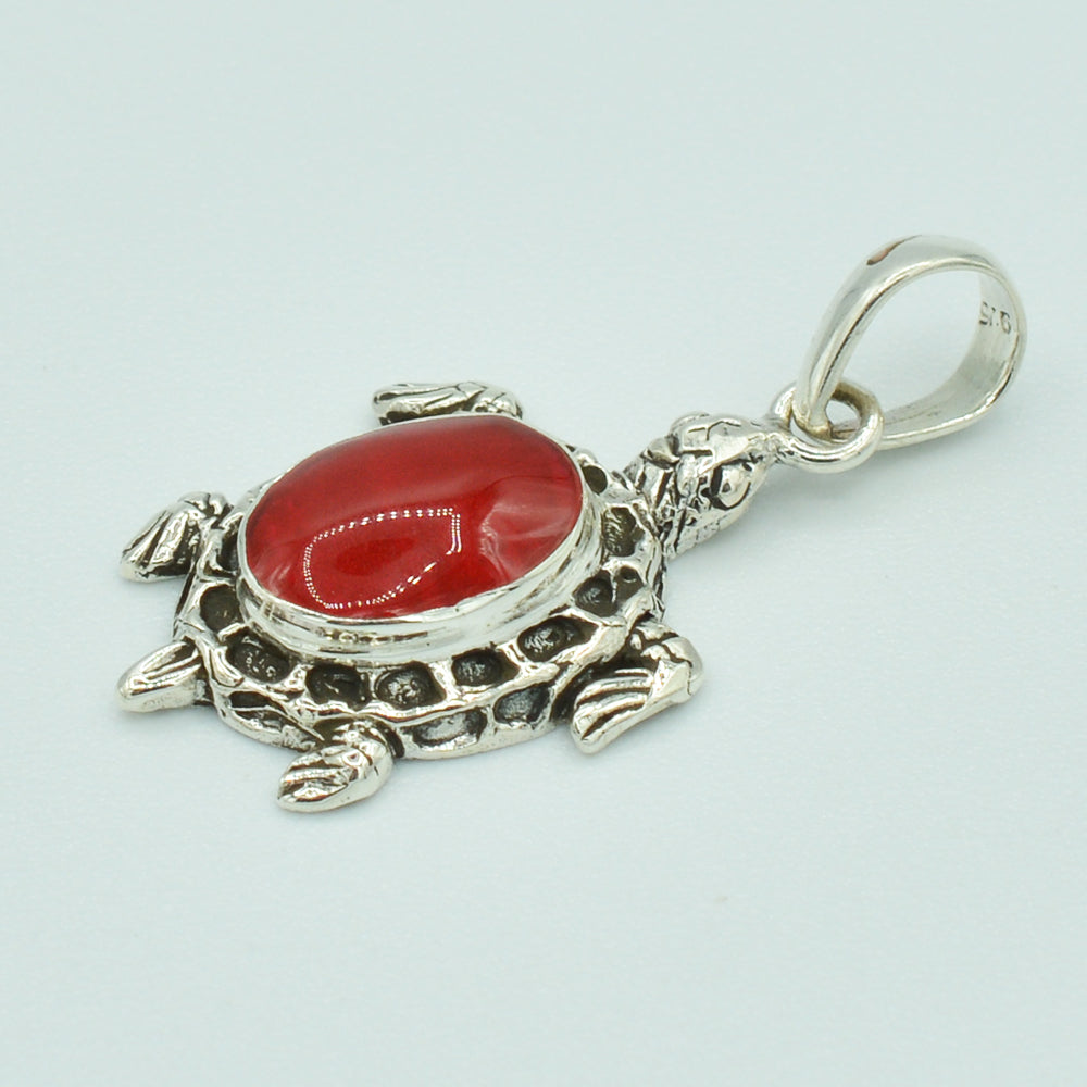 Small Sterling Silver Turtle Pendant set with either Mother-of-Pearl or Red Coral