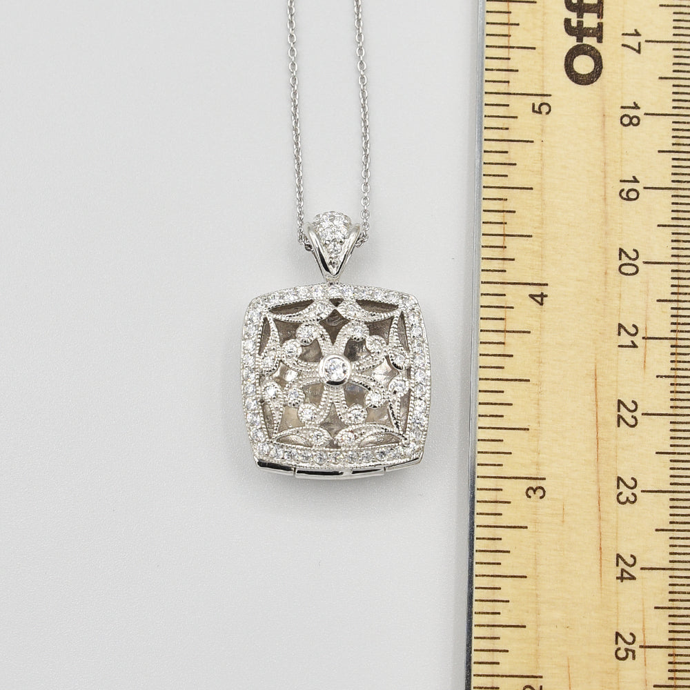 Sterling Silver Locket with Cubic Zirconia (CZ) Square shape
