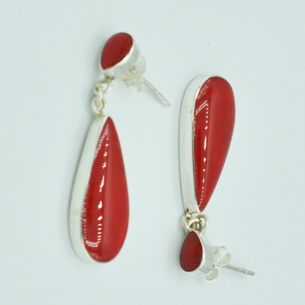 Sterling Silver Teardrop Earrings inlaid with Mother-of-Pearl, Red Coral, or Abalone