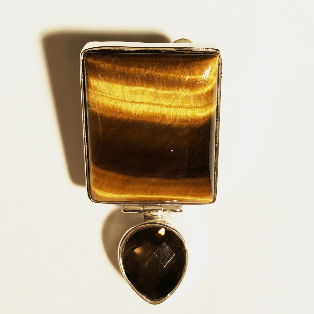 Square Tiger-eye and teardrop Smoky Quartz 1.5" Pendant set in Sterling Silver - one of a kind