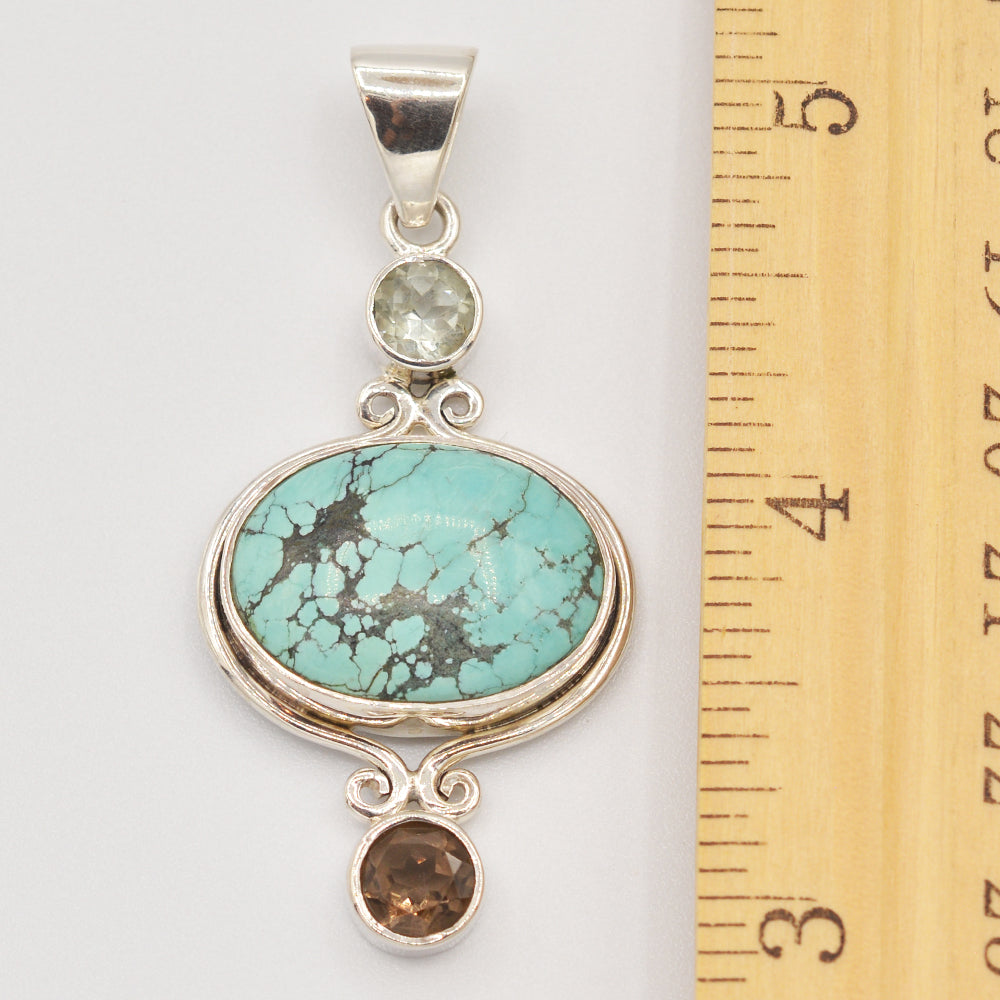 Turquoise, Smokey Topaz and Quartz Sterling Silver Pendant