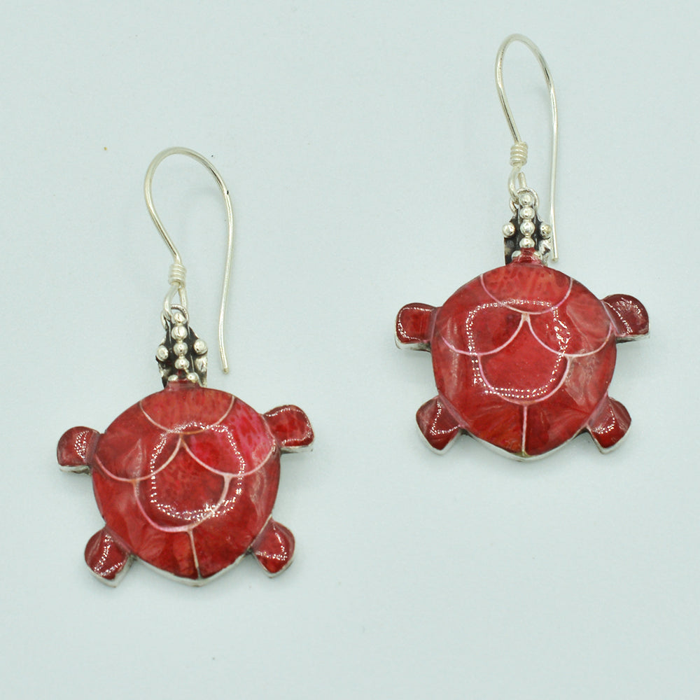 Mother of Pearl or Red Coral or Abalone Turtle Sterling Silver Earrings