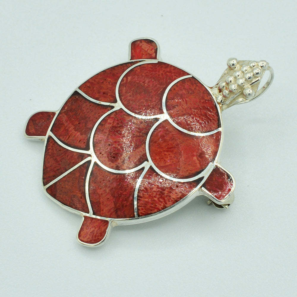 Sterling Silver Turtle Pendant / Pin or Brooch -  Coral