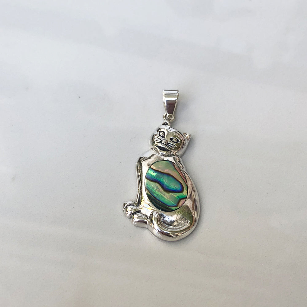 Abalone Sterling Silver Cat Pendant. One and a half inches long. Cat pendant with abalone shell in the middle.