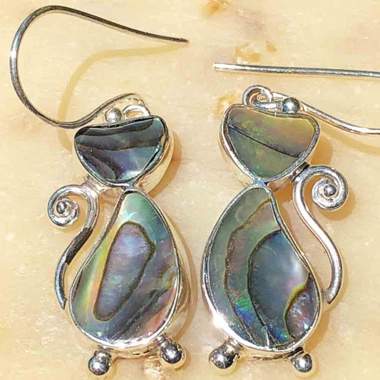 Abalone and Sterling Silver CAT Earrings. Pierced eraaings with a fish hook backing. Dangle earrings.
