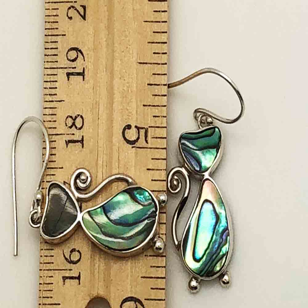 Abalone and Sterling Silver CAT Earrings. Pierced eraaings with a fish hook backing. Dangle earrings. About and inch and a half.