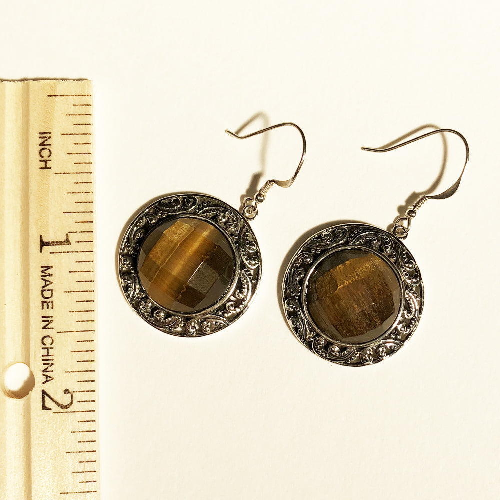 Tiger-eye Faceted Sterling Silver Earrings Round 3/4" Round - one of a kind