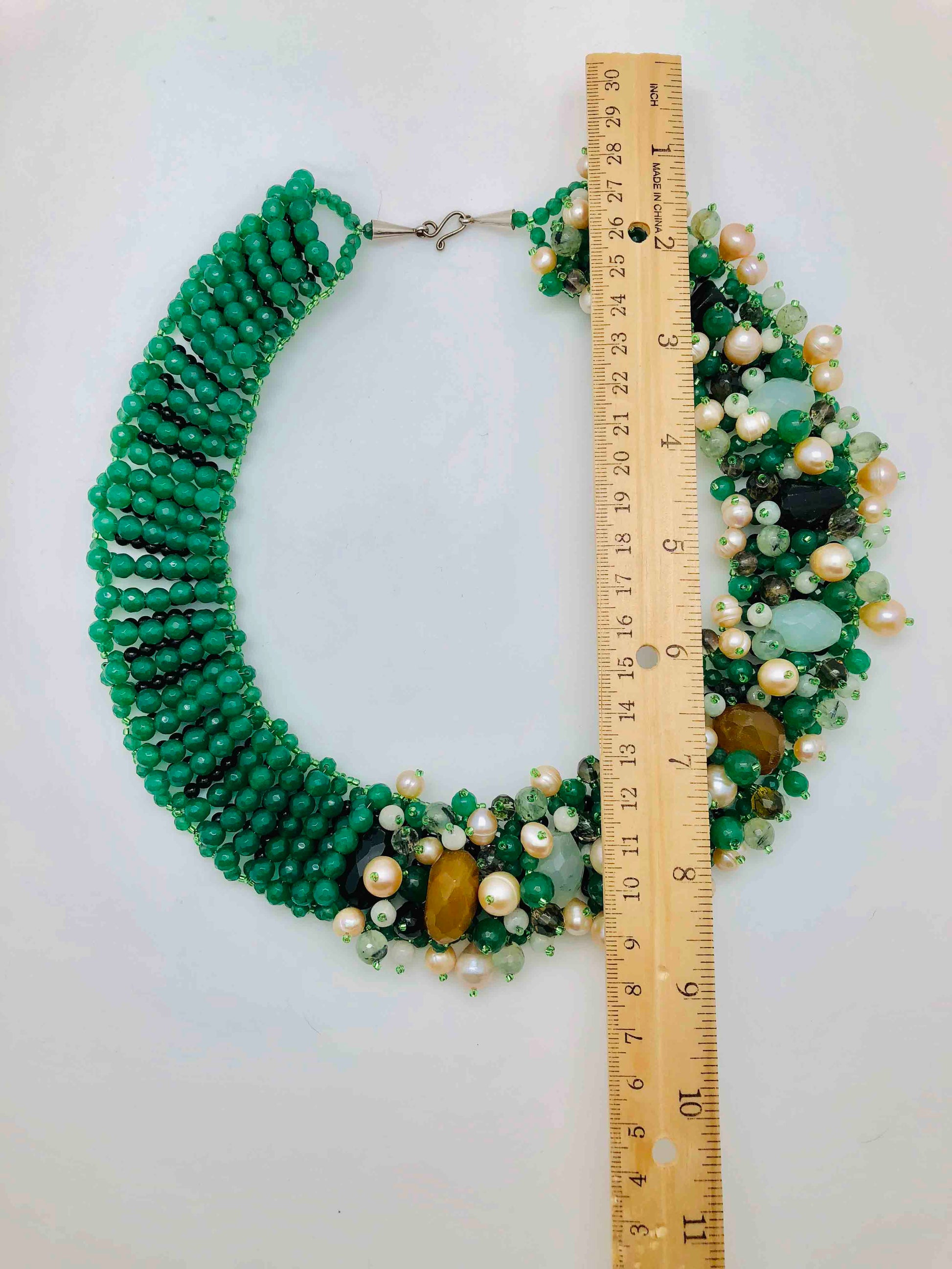 Green Agate, Fresh Water Pearl and Blue Topaz Statement Necklace. 18". One of a kind