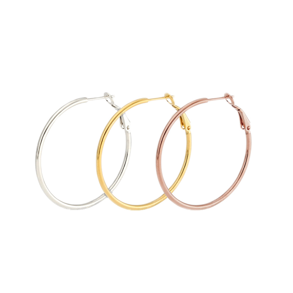 Stainless Steel Thin Hoop Earrings. 30mm, 40mm, 50mm, 60mm, 70mm. Plus a free multi colored Stainless Steel hoop earring.  This is a set of 3, Yellow gold plated, Rose gold Plated, Stainless steel and the free multi colored hoop. Set of 3 plus a free multi colored plated pair
