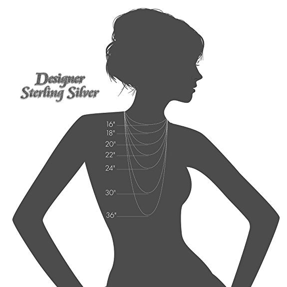 Silhouette of a woman wearing chains and showing where chains fall. An example, a 16" chain is for a very thin woman.