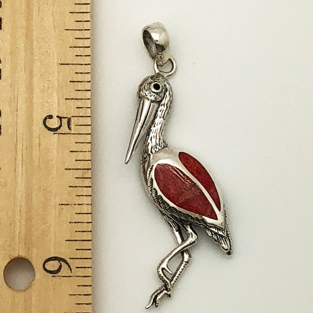 Sterling Silver and Coral Stork Pendant